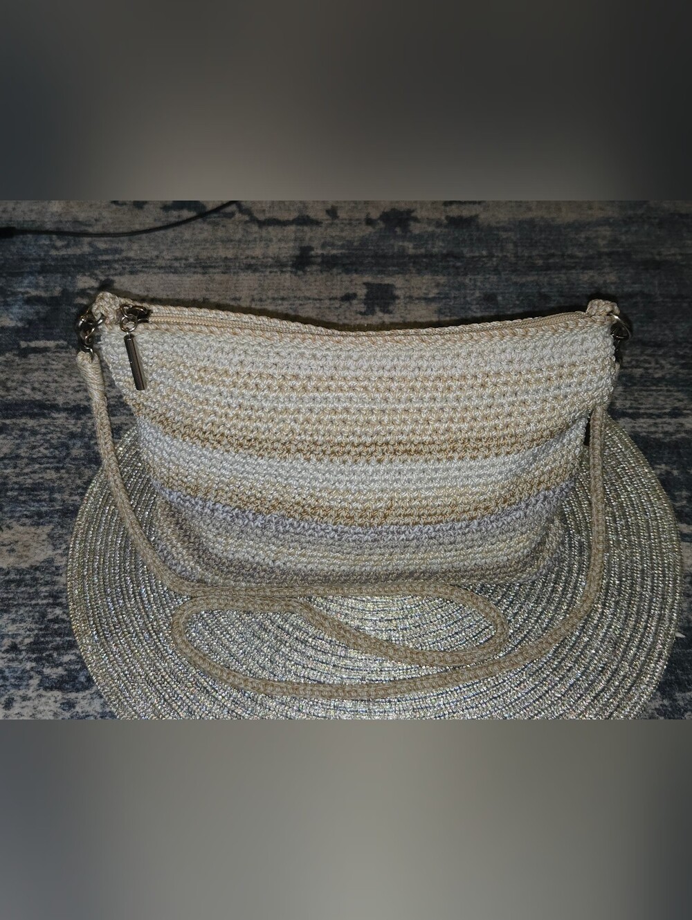 The Sak Hand Crochet Striped Crossbody Bag Neutral Beige Tan Cream Silver